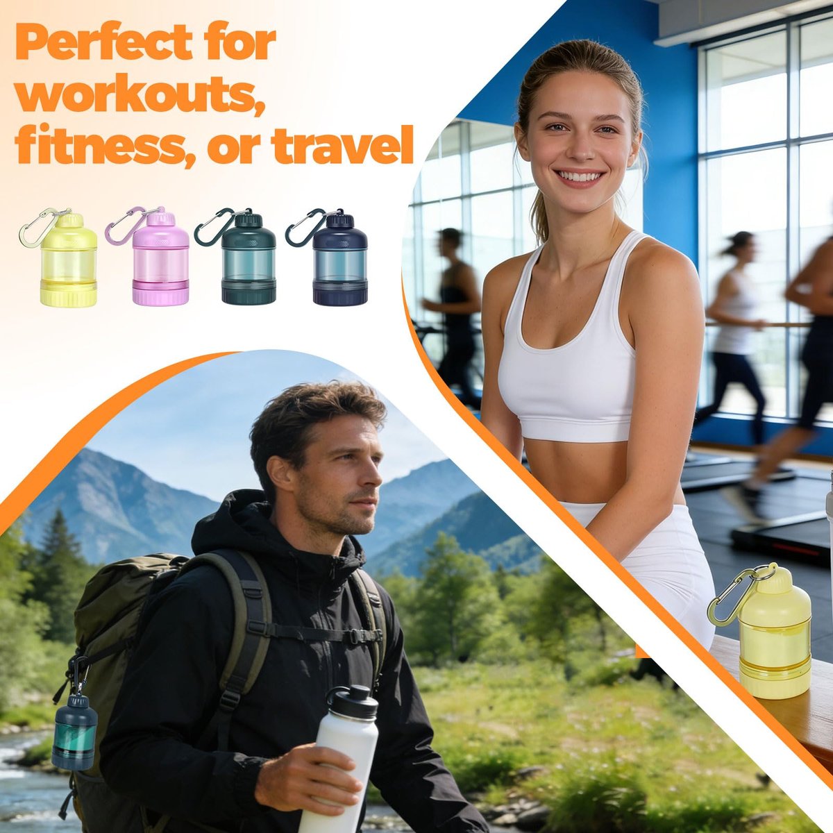 BooMetCheer 2er-Pack Proteinpulver-Behälter zum Mitnehmen mit Schlüsselanhänger & Schlüsselring, große Kapazität, transparent, auslaufsicher, ideal für Workouts, Fitness oder Reisen (Pink & Gelb)