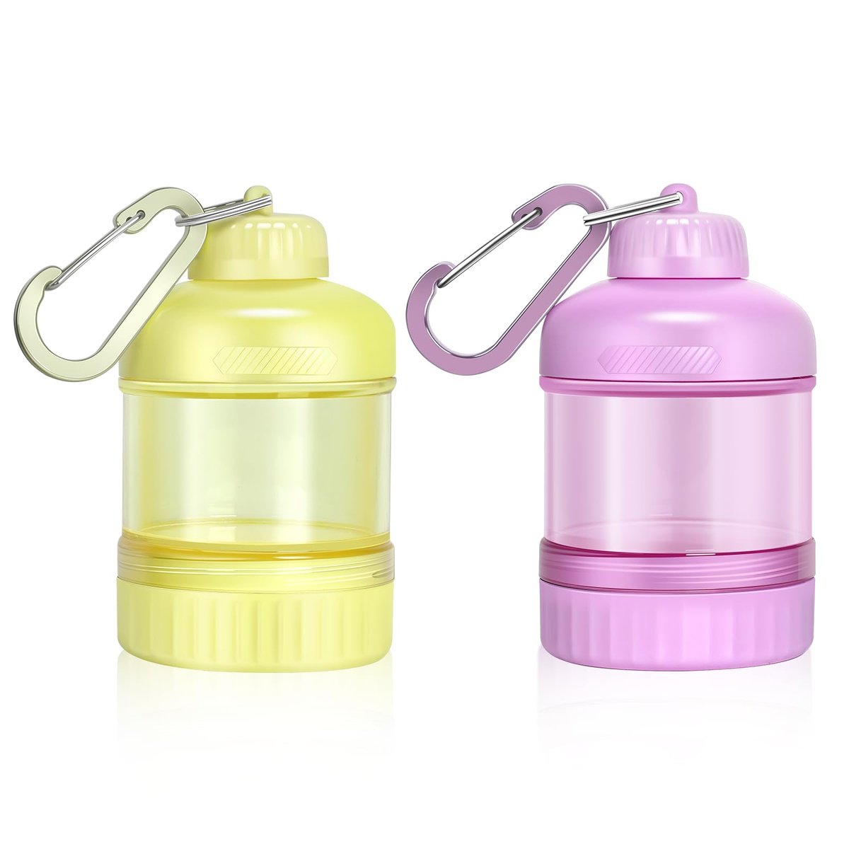 BooMetCheer 2er-Pack Proteinpulver-Behälter zum Mitnehmen mit Schlüsselanhänger & Schlüsselring, große Kapazität, transparent, auslaufsicher, ideal für Workouts, Fitness oder Reisen (Pink & Gelb)