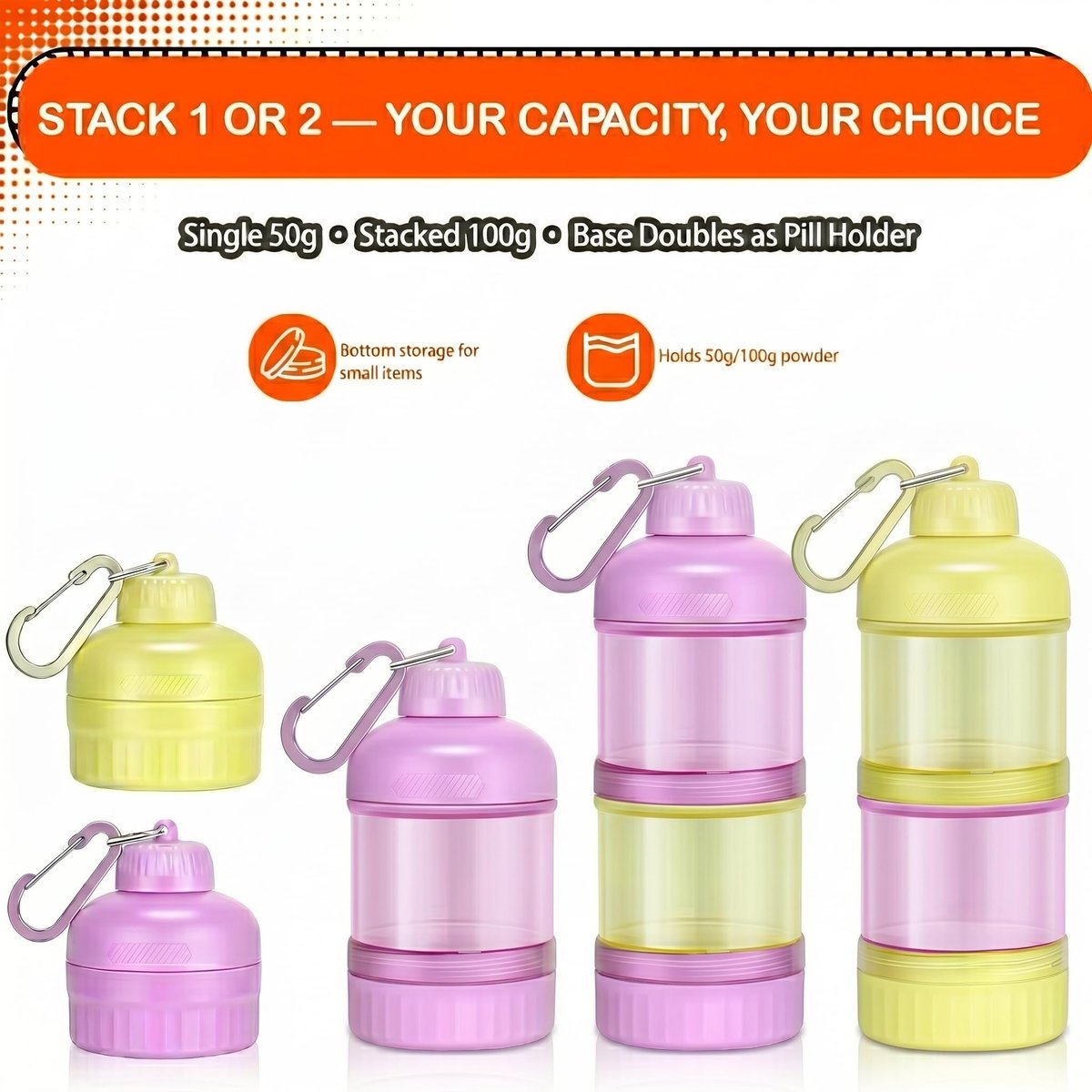BooMetCheer 2er-Pack Proteinpulver-Behälter zum Mitnehmen mit Schlüsselanhänger & Schlüsselring, große Kapazität, transparent, auslaufsicher, ideal für Workouts, Fitness oder Reisen (Pink & Gelb)