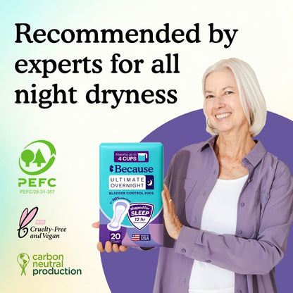Because Ultimate Overnight Inkontinenz-Einlagen für Männer und Frauen, 4 Tassen zusätzliche Saugfähigkeit für Erwachsenenwindeln, extra weich, Klebestreifen, Unisex, 20 Stück