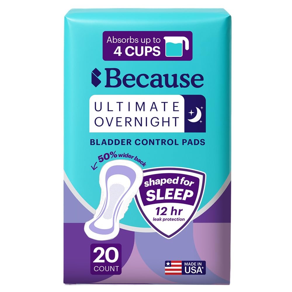 Because Ultimate Overnight Inkontinenz-Einlagen für Männer und Frauen, 4 Tassen zusätzliche Saugfähigkeit für Erwachsenenwindeln, extra weich, Klebestreifen, Unisex, 20 Stück