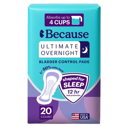 Because Ultimate Overnight Inkontinenz-Einlagen für Männer und Frauen, 4 Tassen zusätzliche Saugfähigkeit für Erwachsenenwindeln, extra weich, Klebestreifen, Unisex, 20 Stück