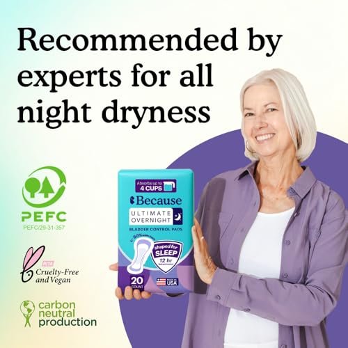 Because Ultimate Overnight Inkontinenz-Einlagen für Männer und Frauen, 4 Tassen zusätzliche Saugfähigkeit für Erwachsenenwindeln, extra weich, Klebestreifen, Unisex, 20 Stück
