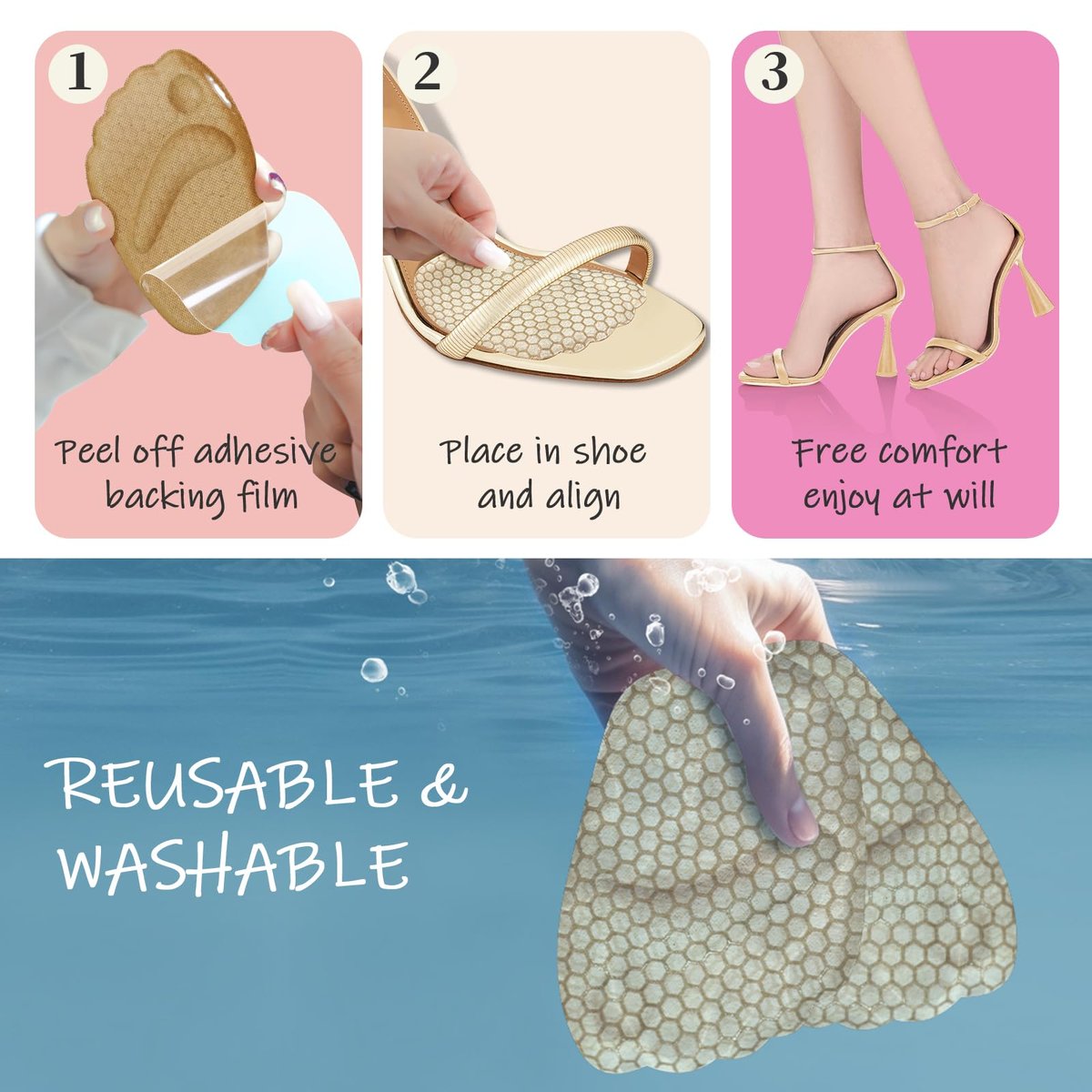 Zaiwoo Ball-of-Foot Cushions für Damen (2 Paar Fußpolster) – Metatarsal-Pads, High Heel Einlagen, Schmerzlinderung, Anti-Rutsch, Unsichtbar