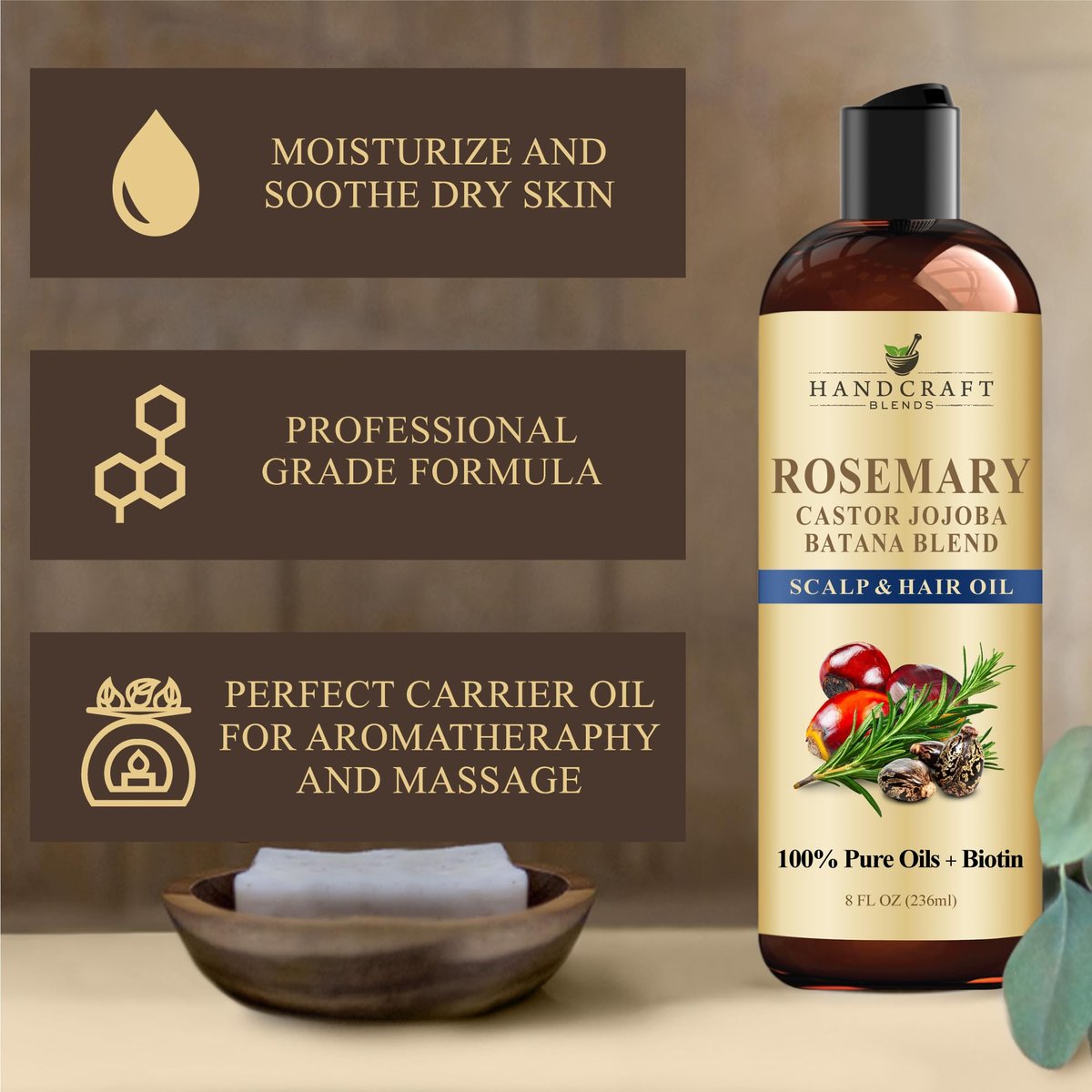 Handcraft Blends Rosmarinöl für Haare 8 Fl Oz | Nährendes Haaröl | 100% Rein und Natürlich | Rosmarin, Rizinus, Jojoba und Batana Öle & Biotin | Trägeröl