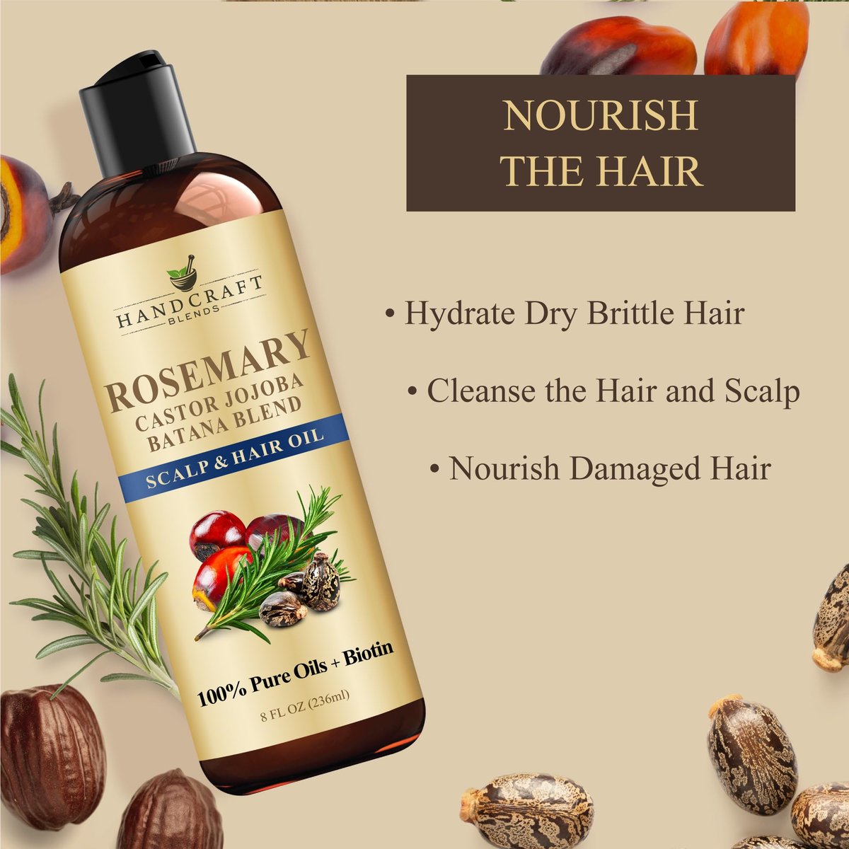 Handcraft Blends Rosmarinöl für Haare 8 Fl Oz | Nährendes Haaröl | 100% Rein und Natürlich | Rosmarin, Rizinus, Jojoba und Batana Öle & Biotin | Trägeröl