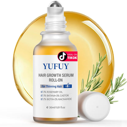 YUFUY Haarwachstum Serum Roll On – 3% Batana & Rizinusöl, 2% Biotin & Niacinamid, 3% Rosmarinöl – Kein Ausspülen, Schnell Einziehend – Für Männer & Frauen – 30 ml