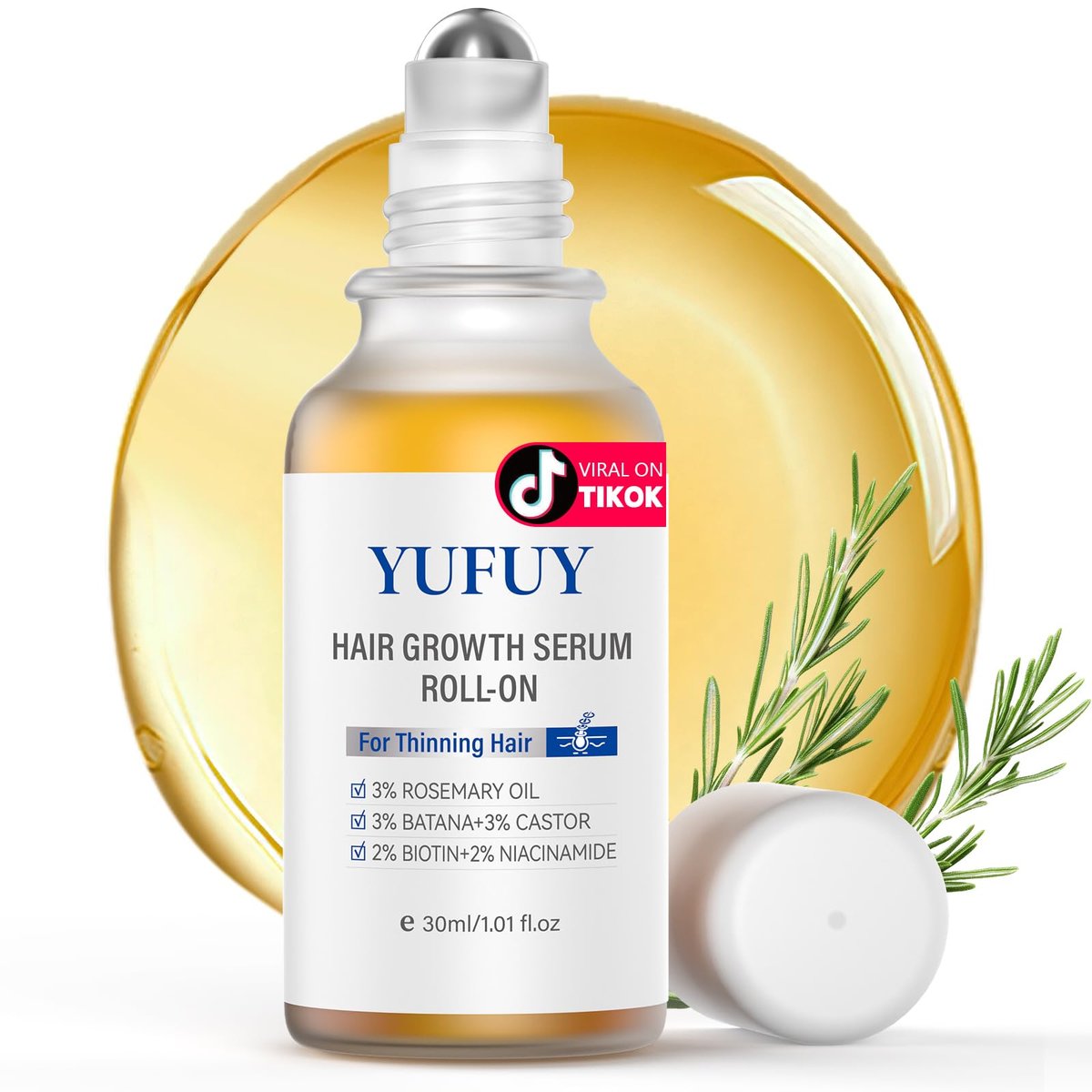 YUFUY Haarwachstum Serum Roll On – 3% Batana & Rizinusöl, 2% Biotin & Niacinamid, 3% Rosmarinöl – Kein Ausspülen, Schnell Einziehend – Für Männer & Frauen – 30 ml