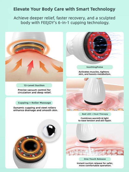 FEEJOY Elektrischer Lymphdrainage-Massager mit Pulstherapie & Wärme – 12-stufiges Schröpfmassagegerät zur Reduzierung von Cellulite, Körperformung, Tiefengewebs-Schmerzlinderung & Muskelregeneration, Weiß