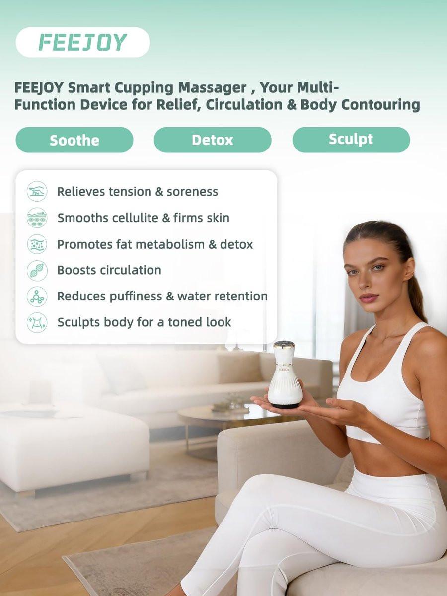 FEEJOY Elektrischer Lymphdrainage-Massager mit Pulstherapie & Wärme – 12-stufiges Schröpfmassagegerät zur Reduzierung von Cellulite, Körperformung, Tiefengewebs-Schmerzlinderung & Muskelregeneration, Weiß