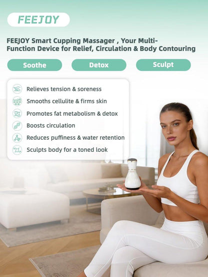 FEEJOY Elektrischer Lymphdrainage-Massager mit Pulstherapie & Wärme – 12-stufiges Schröpfmassagegerät zur Reduzierung von Cellulite, Körperformung, Tiefengewebs-Schmerzlinderung & Muskelregeneration, Weiß