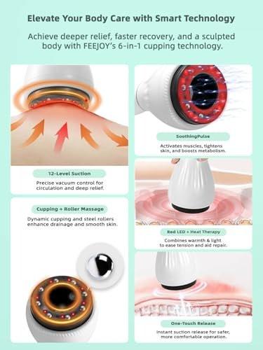 FEEJOY Elektrischer Lymphdrainage-Massager mit Pulstherapie & Wärme – 12-stufiges Schröpfmassagegerät zur Reduzierung von Cellulite, Körperformung, Tiefengewebs-Schmerzlinderung & Muskelregeneration, Weiß