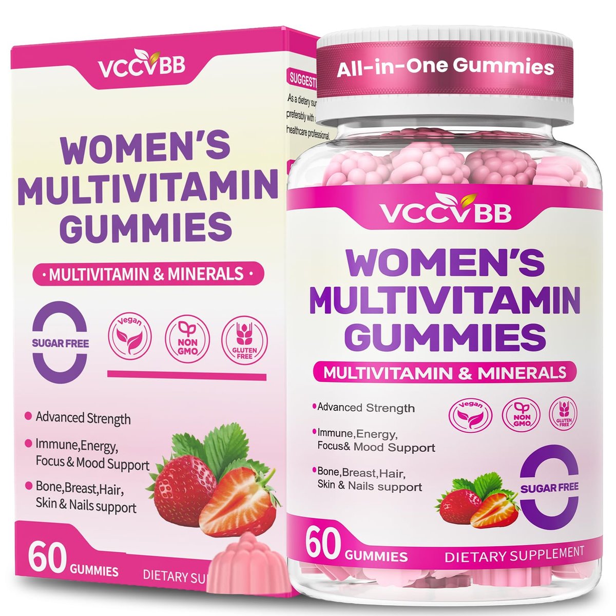 VCCVBB All-in-One Multivitamin-Gummis für Frauen mit komplettem Vitamin- und Mineralstoffkomplex, Kräutermischungen für Energie, allgemeine Gesundheit, hochwirksam für Haare, Haut und Nägel, Erdbeergeschmack, 60 Stück