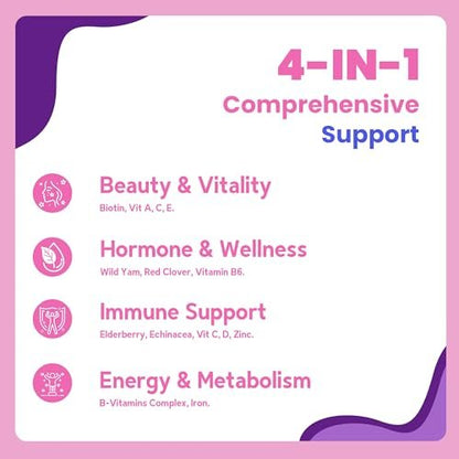 VCCVBB All-in-One Multivitamin-Gummis für Frauen mit komplettem Vitamin- und Mineralstoffkomplex, Kräutermischungen für Energie, allgemeine Gesundheit, hochwirksam für Haare, Haut und Nägel, Erdbeergeschmack, 60 Stück