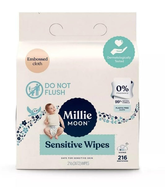 Millie Moon Sensitive Feuchttücher (216 Tücher) – 3 Packungen à 72 Tücher (1 Pack)