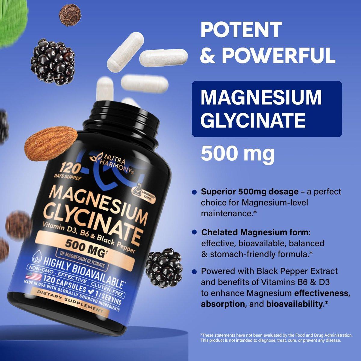 Magnesium Glycinat 500 mg – Chelatkomplex mit hoher Bioverfügbarkeit – Unterstützt Schlaf, Muskeln & Herzgesundheit – für Frauen & Männer – Laborgeprüft & Nicht-GVO – 120 Kapseln