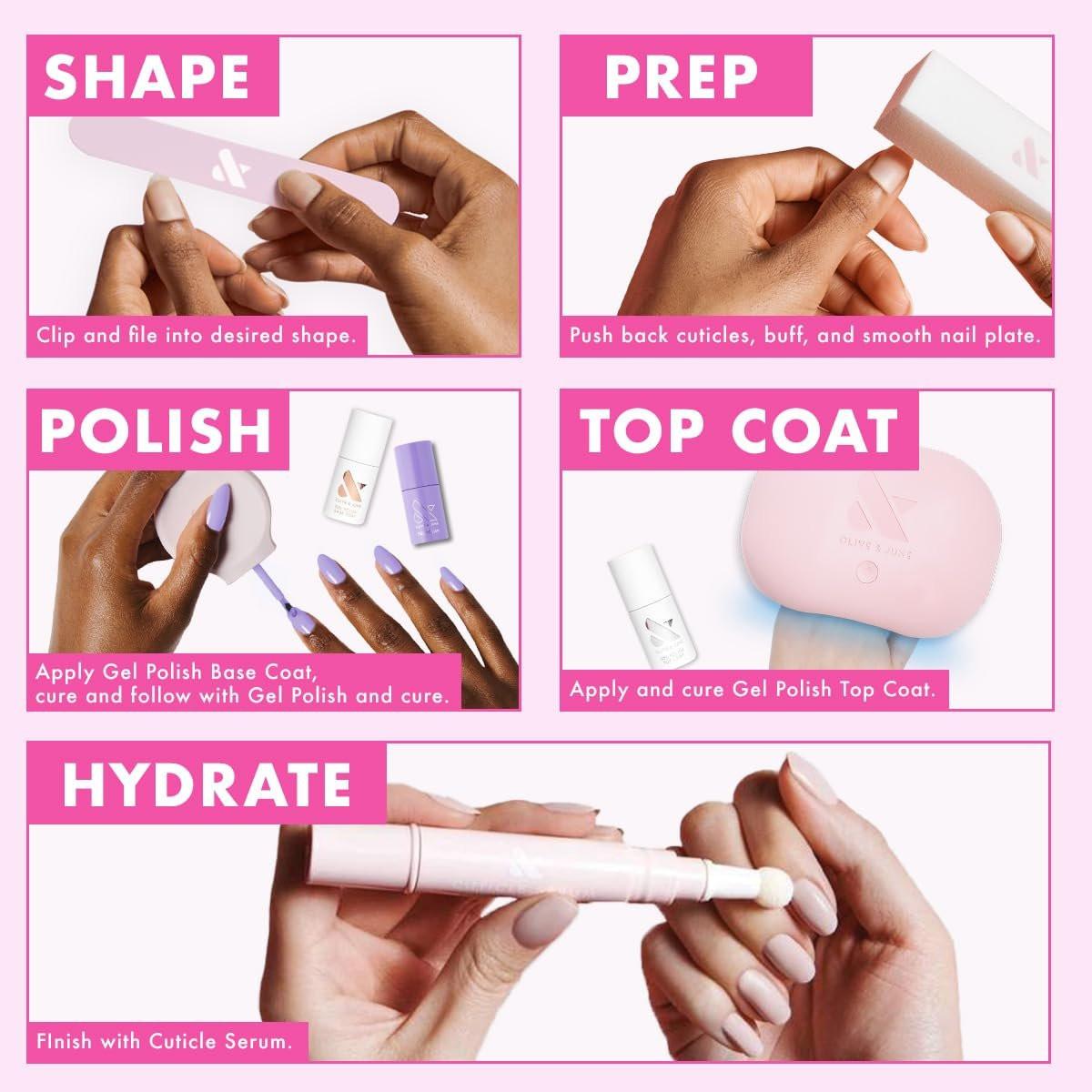Olive & June Gel Starter Kit – Komplettes Nagelgel-Set für zu Hause mit LED-Lampe, Peel-Off- & Gel-Basecoat, Top Coat & Nagelwerkzeugen | 15-frei, vegan, tierversuchsfrei