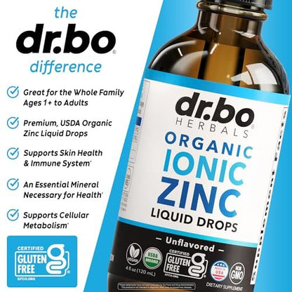 DR. BO Bio-Zink-Tropfen flüssig, organisches ionisches Zink, vegan, für Kinder, Erwachsene, Frauen & Männer, 118 ml (4 oz)