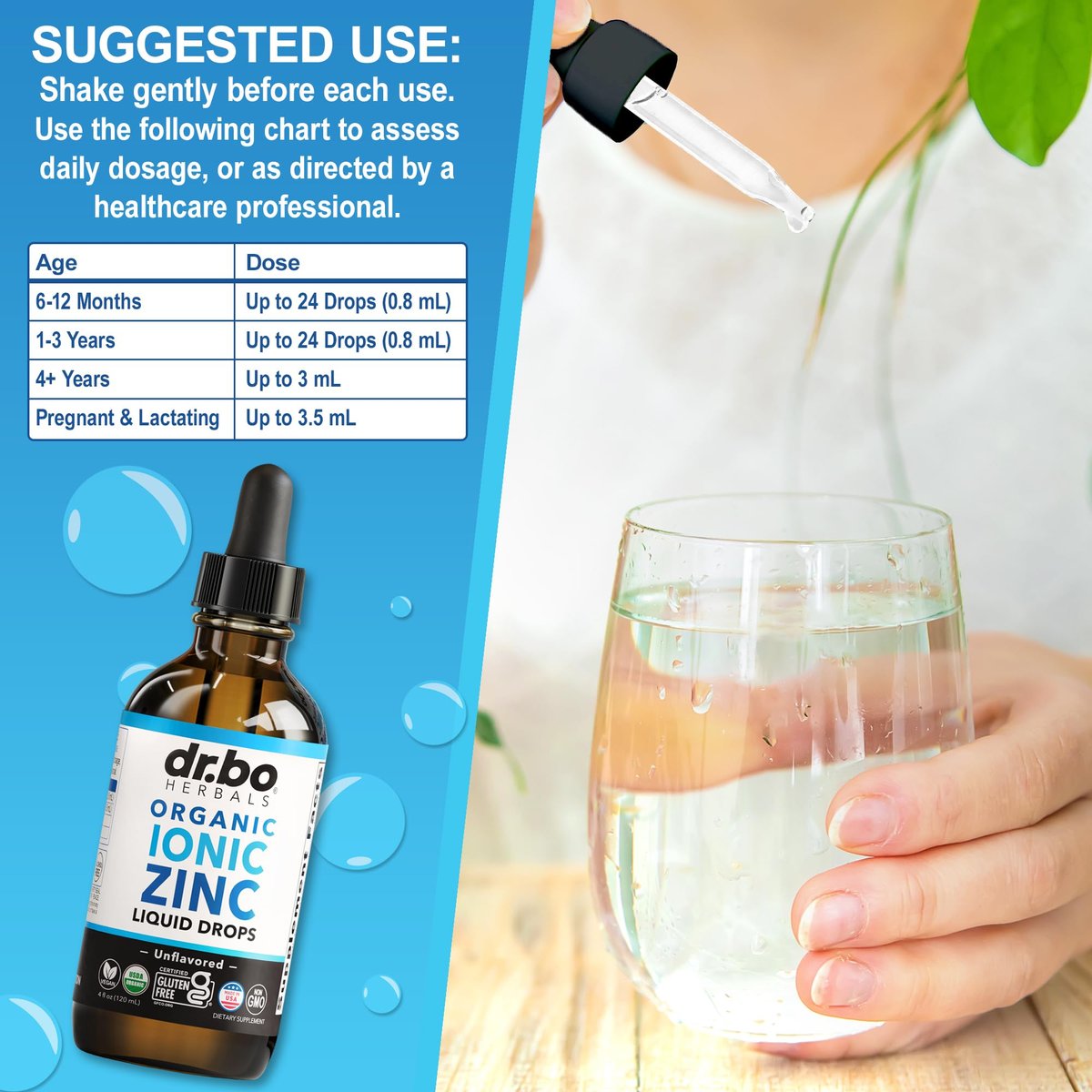 DR. BO Bio-Zink-Tropfen flüssig, organisches ionisches Zink, vegan, für Kinder, Erwachsene, Frauen & Männer, 118 ml (4 oz)