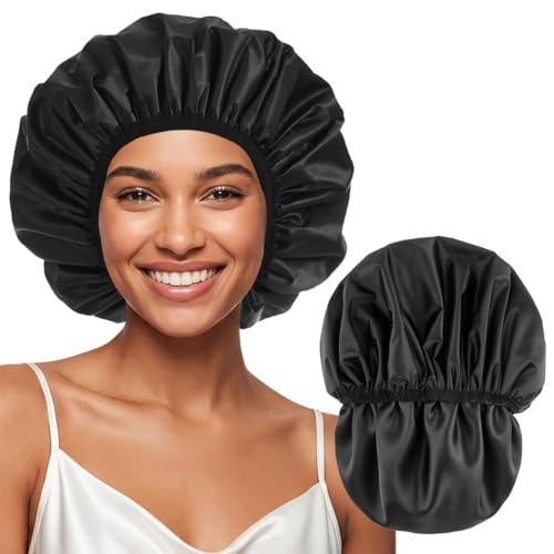 Extra große wasserdichte Duschhaube für Frauen, doppellagiges Satin gefüttertes Haarnetz für Locken, wiederverwendbare Badekappe mit elastischem Rand für langes dickes Haar (Schwarz)