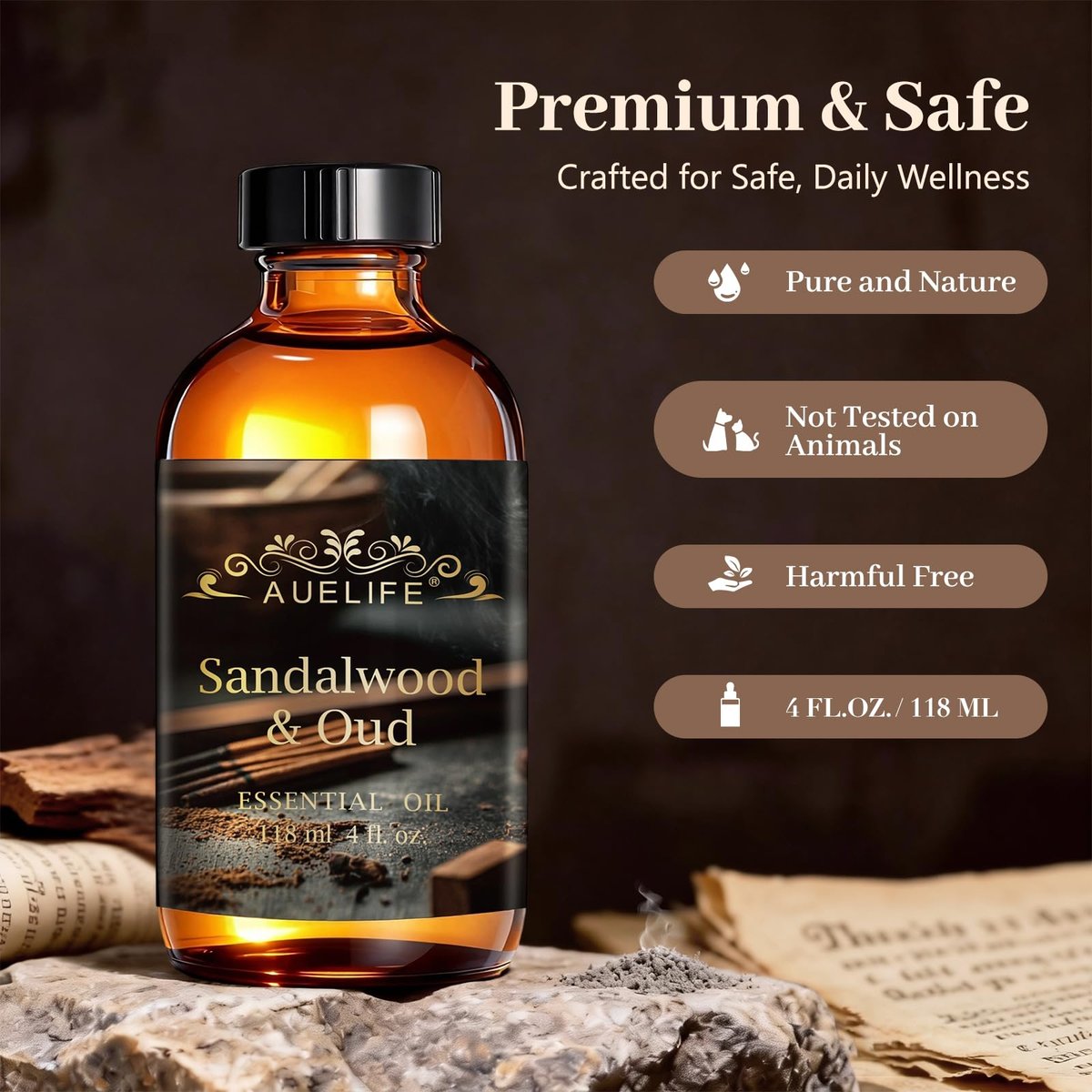 Auelife 4oz Sandelholz & Oud Ätherisches Öl für Diffuser – Holziger Duft für Kerzen- und Seifenherstellung, Geschenk für Männer