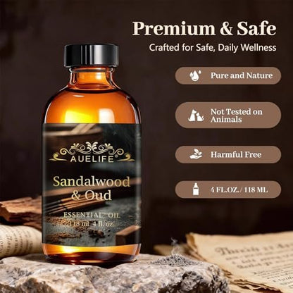 Auelife 4oz Sandelholz & Oud Ätherisches Öl für Diffuser – Holziger Duft für Kerzen- und Seifenherstellung, Geschenk für Männer