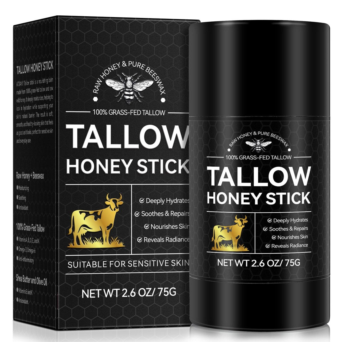 Rindertalg-Honig-Balsam-Sticks für Haut & Gesicht, geschlagene Rindertalg-Gesichtscreme mit rohem Honig, grasgefütterte Rindertalg-Creme, natürliche Körperlotion für Damen & Herren, unparfümiert