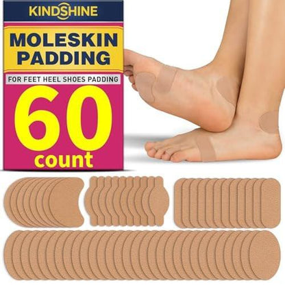 KINDSHINE 60er Pack Moleskin-Streifen mit klebenden Blasenpflastern – Molke-Hautband für Ferse, Schuhe und Polsterung, Beige