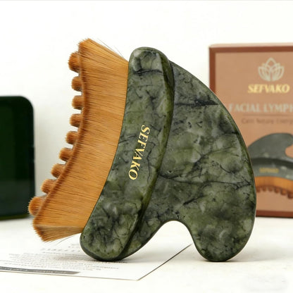 SEFVAKO Lymphatische Kontur-Gesichtsbürste, doppelendige Trockenbürste + kühlender Jade-Gua-Sha-Rand, 0,075 mm ultraweiche Borsten, Gua Sha Gesichtswerkzeug, für Lymphdrainage, weniger geschwollenes Aussehen, Formen & Entspannen