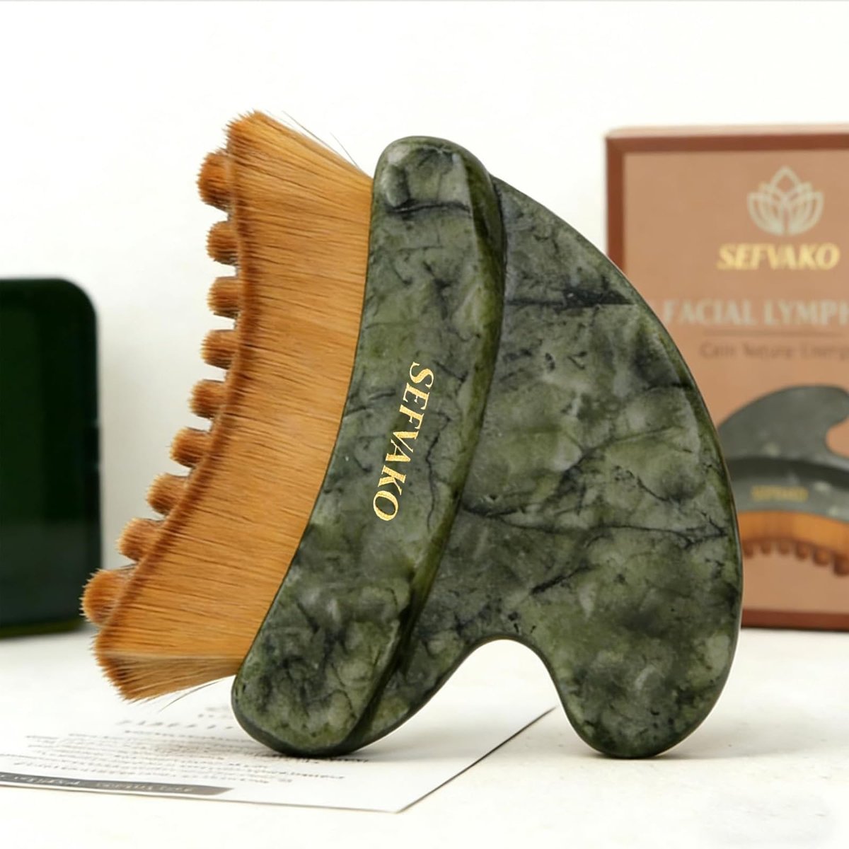 SEFVAKO Lymphatische Kontur-Gesichtsbürste, doppelendige Trockenbürste + kühlender Jade-Gua-Sha-Rand, 0,075 mm ultraweiche Borsten, Gua Sha Gesichtswerkzeug, für Lymphdrainage, weniger geschwollenes Aussehen, Formen & Entspannen