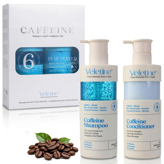 veletine Koffein Shampoo und Conditioner Set - Mikroperlen, Volumen und Fülle für feines und dünner werdendes Haar, 21,1 Fl Oz (2er-Pack)