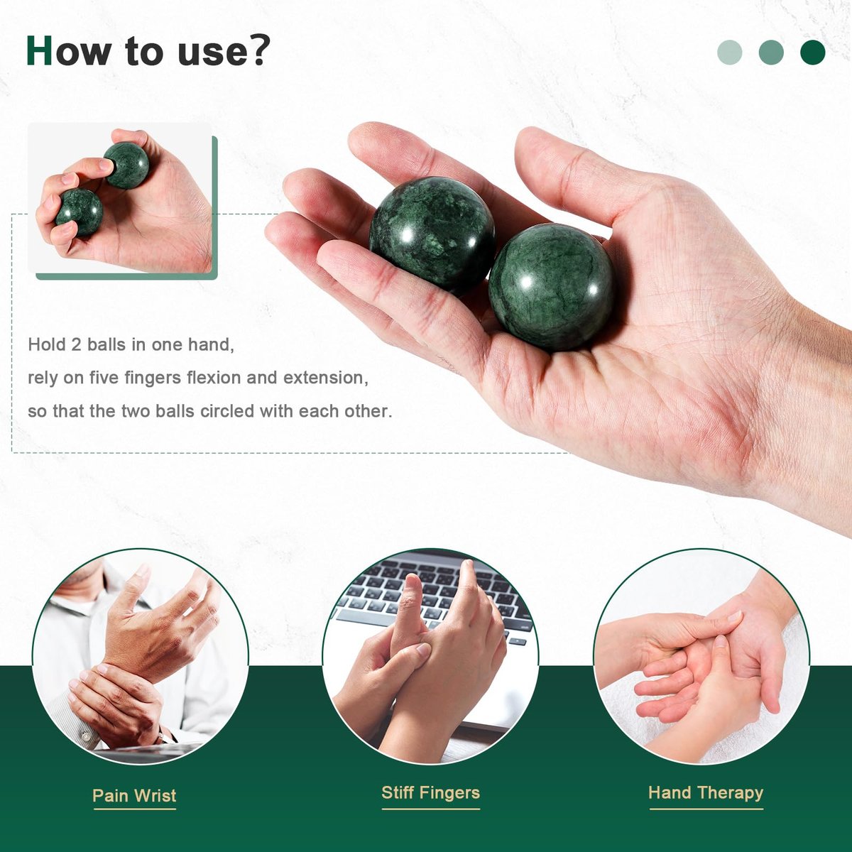 Learay 2 Stück Baoding Bälle, Handtherapie Bälle für Entspannung, Chinesische Gesundheits-Übungsmassagebälle mit Aufbewahrungstasche für Stressabbau (Grün/4 cm)