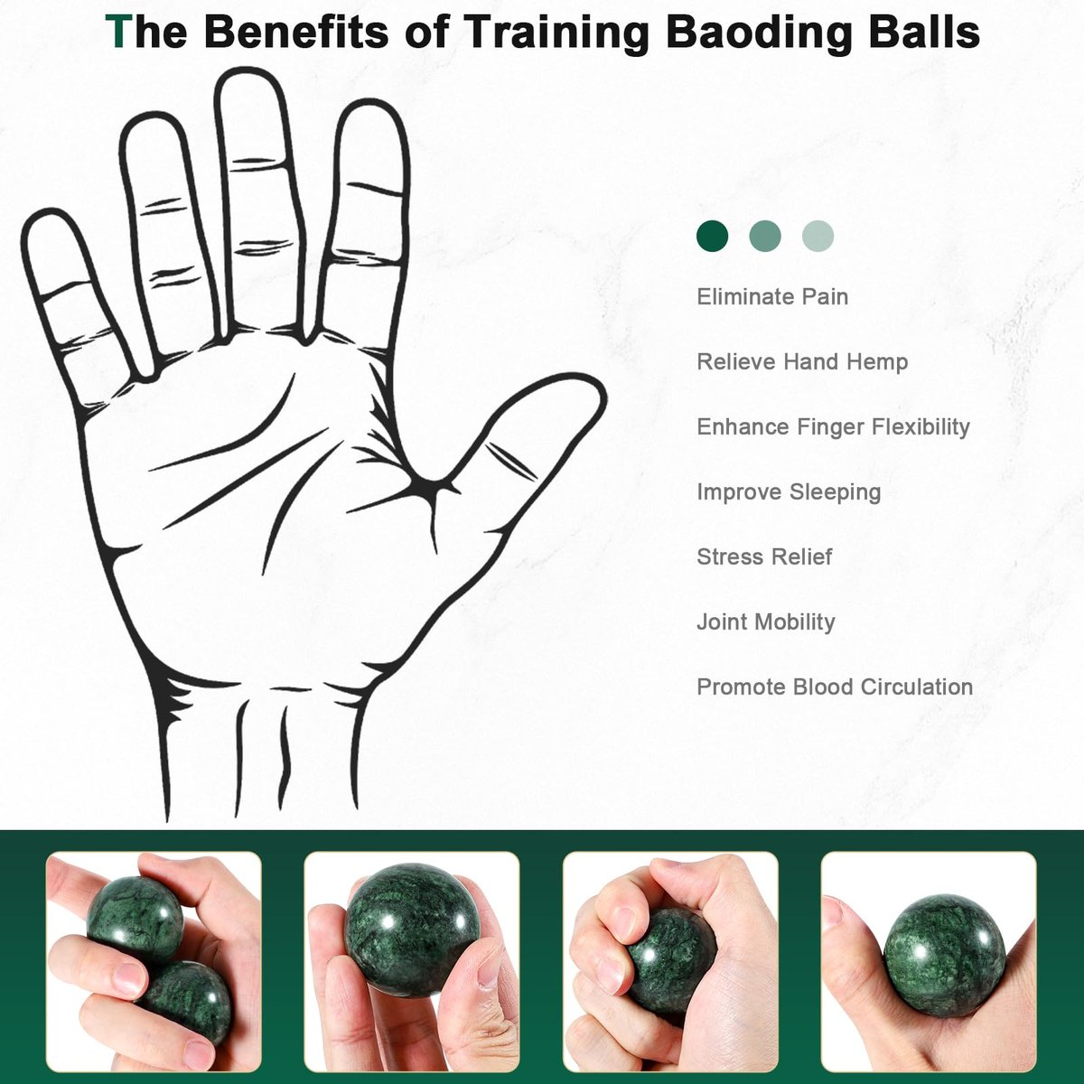 Learay 2 Stück Baoding Bälle, Handtherapie Bälle für Entspannung, Chinesische Gesundheits-Übungsmassagebälle mit Aufbewahrungstasche für Stressabbau (Grün/4 cm)