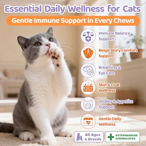 Lysin für Katzen, 500 Stück Immununterstützung Kaustücke, L-Lysin Ergänzung mit Kolostrum, Omega-3, lindert Niesen, laufende Nase & obere Atemwege, knusprig & cremig, Huhn-Krill-Geschmack