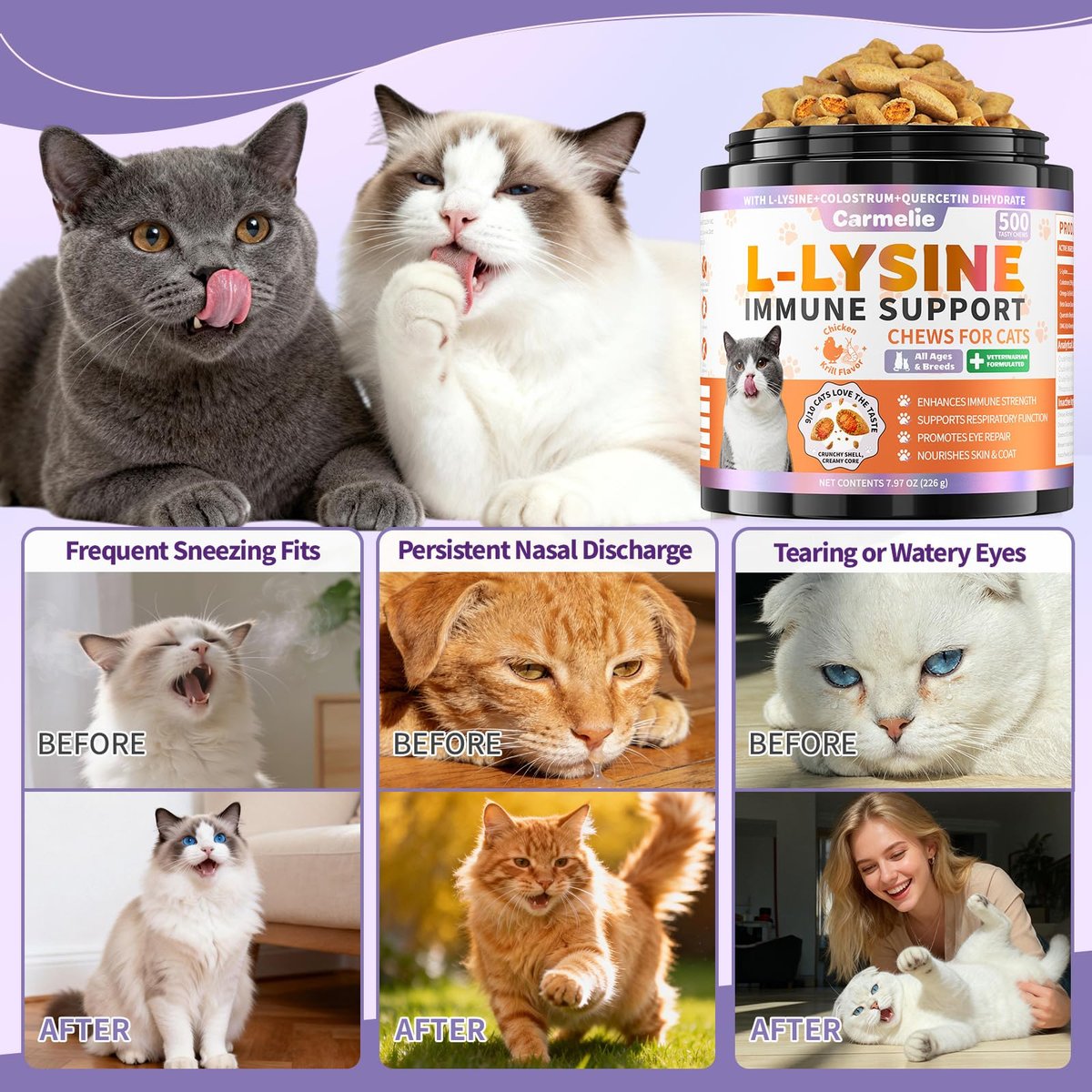 Lysin für Katzen, 500 Stück Immununterstützung Kaustücke, L-Lysin Ergänzung mit Kolostrum, Omega-3, lindert Niesen, laufende Nase & obere Atemwege, knusprig & cremig, Huhn-Krill-Geschmack