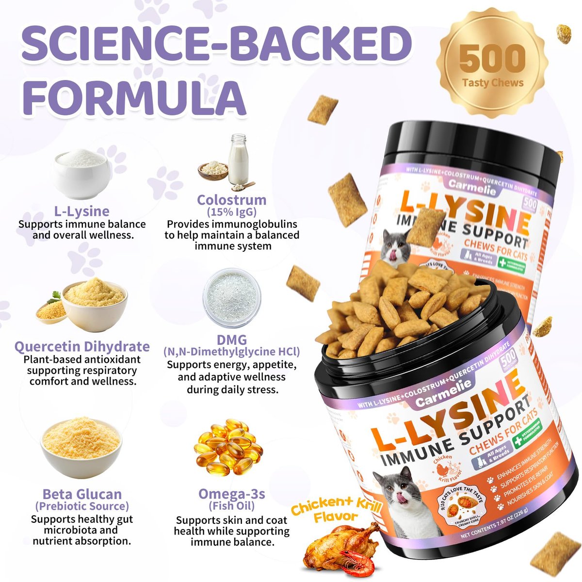 Lysin für Katzen, 500 Stück Immununterstützung Kaustücke, L-Lysin Ergänzung mit Kolostrum, Omega-3, lindert Niesen, laufende Nase & obere Atemwege, knusprig & cremig, Huhn-Krill-Geschmack