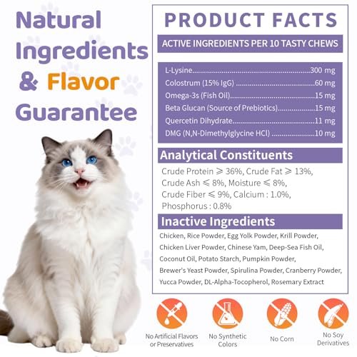 Lysin für Katzen, 500 Stück Immununterstützung Kaustücke, L-Lysin Ergänzung mit Kolostrum, Omega-3, lindert Niesen, laufende Nase & obere Atemwege, knusprig & cremig, Huhn-Krill-Geschmack