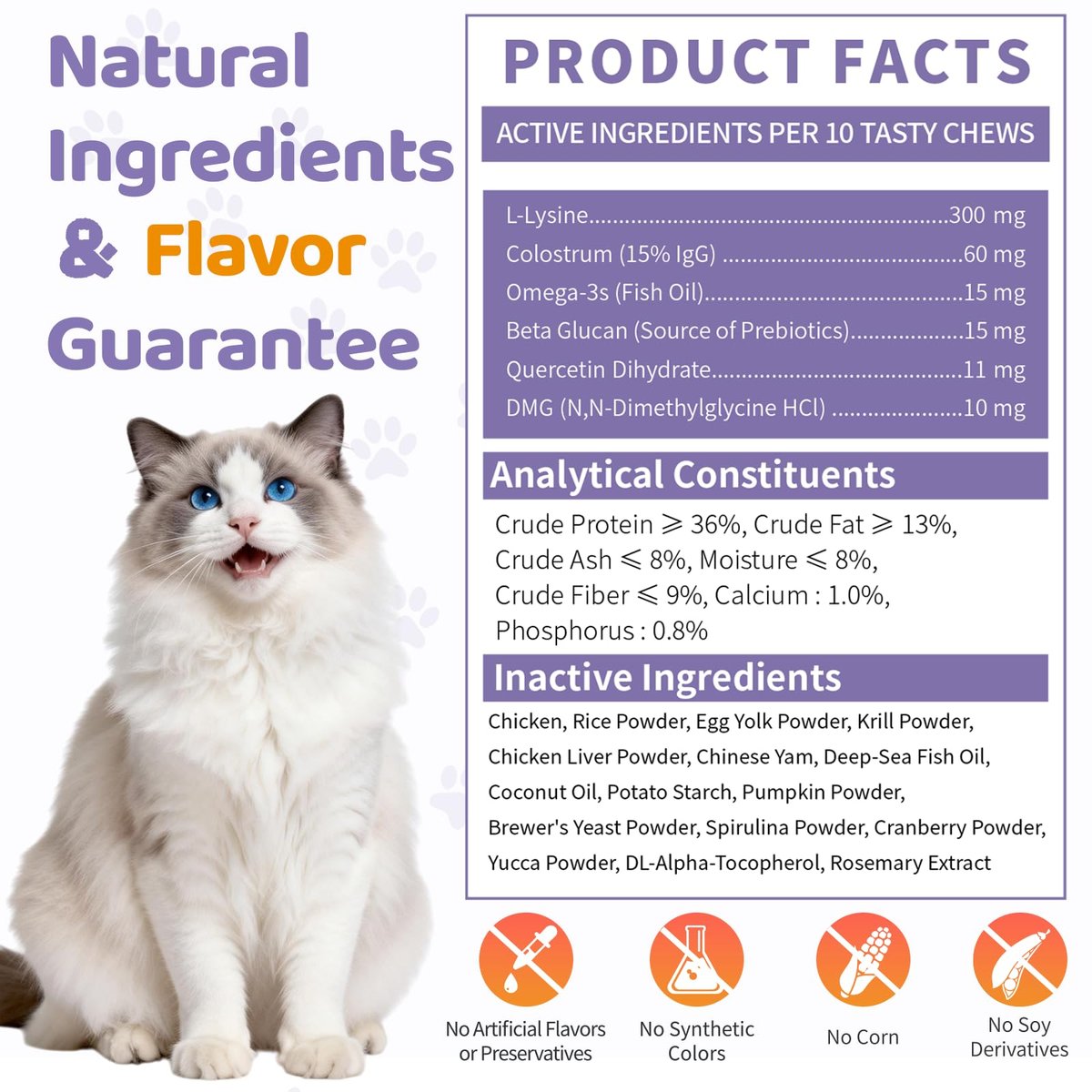 Lysin für Katzen, 500 Stück Immununterstützung Kaustücke, L-Lysin Ergänzung mit Kolostrum, Omega-3, lindert Niesen, laufende Nase & obere Atemwege, knusprig & cremig, Huhn-Krill-Geschmack