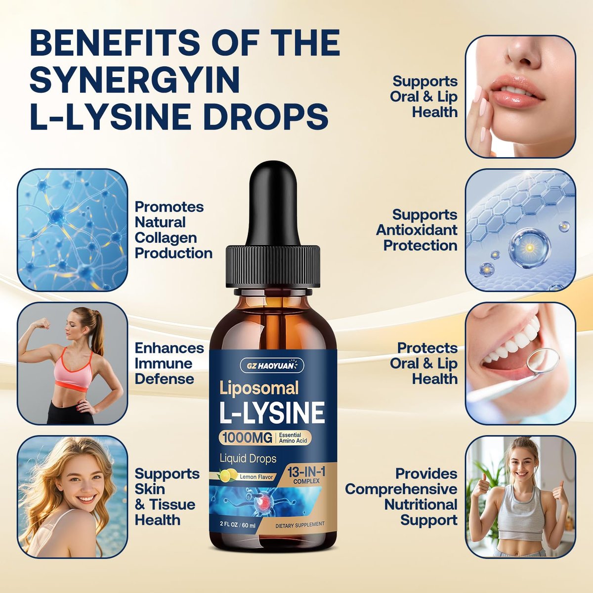 Liposomales L-Lysin 1000 mg flüssige Tropfen, 13-in-1 Lysin Monolaurin Komplex – Olivenblattextrakt mit Vitamin C, B6, D3, B12 & Zink für Kollagen, Lippen-, Haut- und Immununterstützung für Kinder & Erwachsene, 59 ml