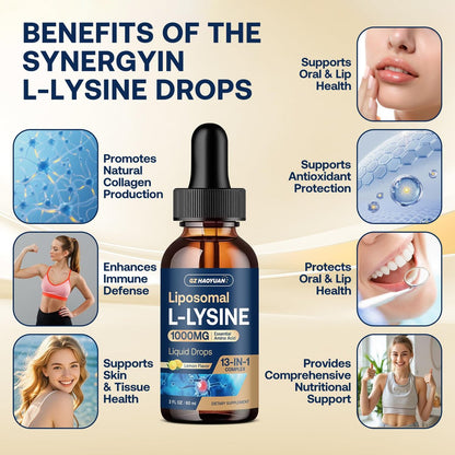 Liposomales L-Lysin 1000 mg flüssige Tropfen, 13-in-1 Lysin Monolaurin Komplex – Olivenblattextrakt mit Vitamin C, B6, D3, B12 & Zink für Kollagen, Lippen-, Haut- und Immununterstützung für Kinder & Erwachsene, 59 ml
