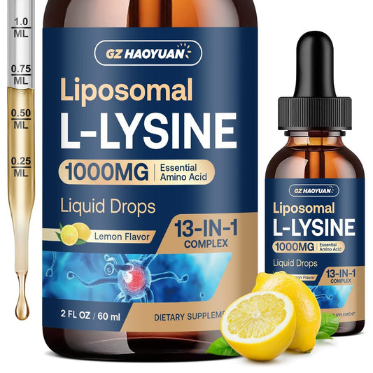 Liposomales L-Lysin 1000 mg flüssige Tropfen, 13-in-1 Lysin Monolaurin Komplex – Olivenblattextrakt mit Vitamin C, B6, D3, B12 & Zink für Kollagen, Lippen-, Haut- und Immununterstützung für Kinder & Erwachsene, 59 ml