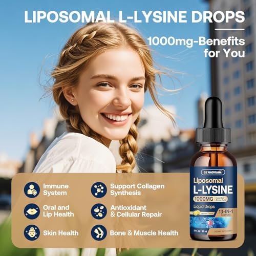 Liposomales L-Lysin 1000 mg flüssige Tropfen, 13-in-1 Lysin Monolaurin Komplex – Olivenblattextrakt mit Vitamin C, B6, D3, B12 & Zink für Kollagen, Lippen-, Haut- und Immununterstützung für Kinder & Erwachsene, 59 ml