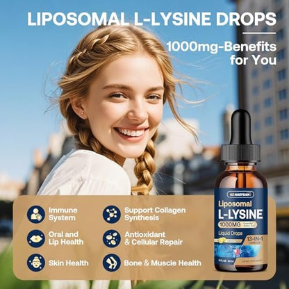 Liposomales L-Lysin 1000 mg flüssige Tropfen, 13-in-1 Lysin Monolaurin Komplex – Olivenblattextrakt mit Vitamin C, B6, D3, B12 & Zink für Kollagen, Lippen-, Haut- und Immununterstützung für Kinder & Erwachsene, 59 ml