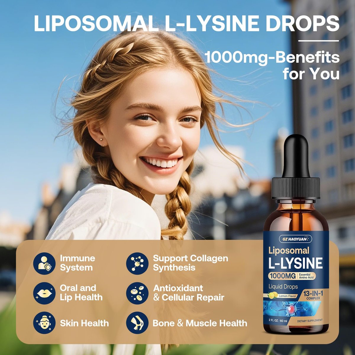 Liposomales L-Lysin 1000 mg flüssige Tropfen, 13-in-1 Lysin Monolaurin Komplex – Olivenblattextrakt mit Vitamin C, B6, D3, B12 & Zink für Kollagen, Lippen-, Haut- und Immununterstützung für Kinder & Erwachsene, 59 ml