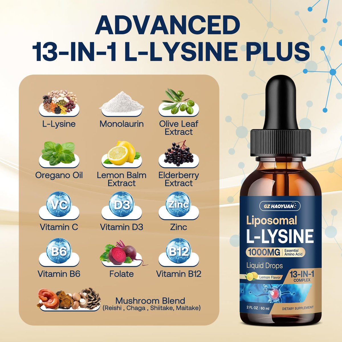 Liposomales L-Lysin 1000 mg flüssige Tropfen, 13-in-1 Lysin Monolaurin Komplex – Olivenblattextrakt mit Vitamin C, B6, D3, B12 & Zink für Kollagen, Lippen-, Haut- und Immununterstützung für Kinder & Erwachsene, 59 ml