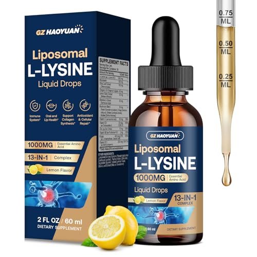 Liposomales L-Lysin 1000 mg flüssige Tropfen, 13-in-1 Lysin Monolaurin Komplex – Olivenblattextrakt mit Vitamin C, B6, D3, B12 & Zink für Kollagen, Lippen-, Haut- und Immununterstützung für Kinder & Erwachsene, 59 ml