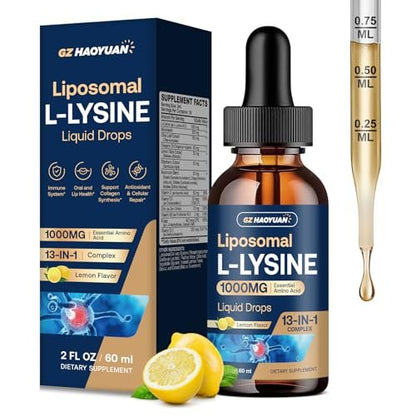 Liposomales L-Lysin 1000 mg flüssige Tropfen, 13-in-1 Lysin Monolaurin Komplex – Olivenblattextrakt mit Vitamin C, B6, D3, B12 & Zink für Kollagen, Lippen-, Haut- und Immununterstützung für Kinder & Erwachsene, 59 ml