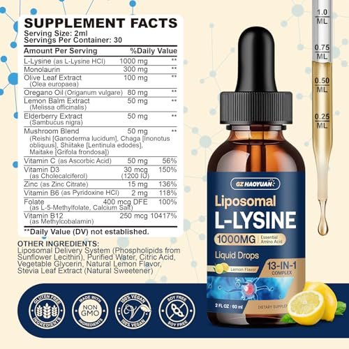 Liposomales L-Lysin 1000 mg flüssige Tropfen, 13-in-1 Lysin Monolaurin Komplex – Olivenblattextrakt mit Vitamin C, B6, D3, B12 & Zink für Kollagen, Lippen-, Haut- und Immununterstützung für Kinder & Erwachsene, 59 ml