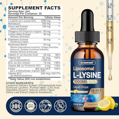 Liposomales L-Lysin 1000 mg flüssige Tropfen, 13-in-1 Lysin Monolaurin Komplex – Olivenblattextrakt mit Vitamin C, B6, D3, B12 & Zink für Kollagen, Lippen-, Haut- und Immununterstützung für Kinder & Erwachsene, 59 ml