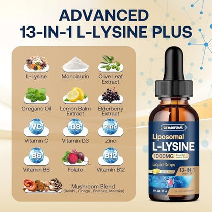 Liposomales L-Lysin 1000 mg flüssige Tropfen, 13-in-1 Lysin Monolaurin Komplex – Olivenblattextrakt mit Vitamin C, B6, D3, B12 & Zink für Kollagen, Lippen-, Haut- und Immununterstützung für Kinder & Erwachsene, 59 ml